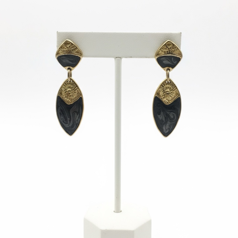 ⚜️3 for $30⚜️ Vintage Drop Earrings (Marbled Grey Enamel, Pierced, Gold Tone)